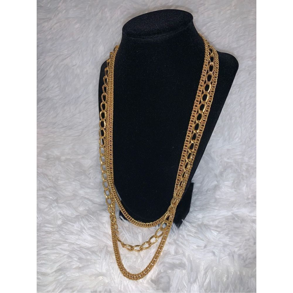 Vintage Monet Gold Multi Triple Strand Chain Necklace 24”
